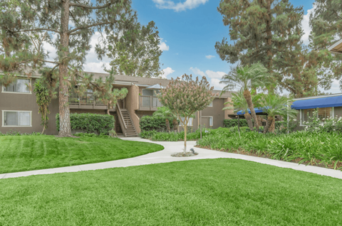 take a stroll through the grassy area at the whispering winds apartments in pearland, tx
