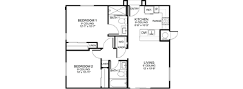 A floor plan of a home with two bedrooms, a kitchen, and a living room.