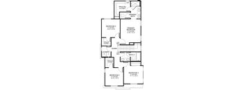 A floor plan of a house with four bedrooms and a laundry room.