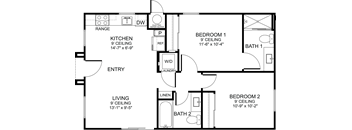 A floor plan of a home with two bedrooms, a living area, a kitchen, a laundry room, and two bathrooms.
