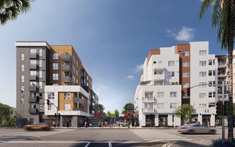 Two modern apartment buildings are shown in the image.