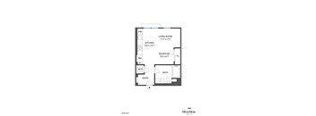 A black and white diagram of a living room, kitchen, bedroom and bathroom.