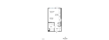 A drawing of a floor plan for a living room, kitchen, and bedroom.