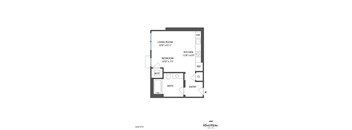 A black and white diagram of a living space with a living room, bedroom, bathroom, kitchen, entry and closet.