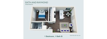 A floor plan of a one bedroom apartment with one bathroom.