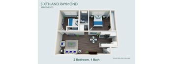 A floor plan of a small apartment with two bedrooms and one bathroom.
