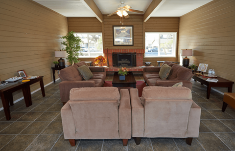 Two couches in a living room with a fireplace and a painting on the wall.