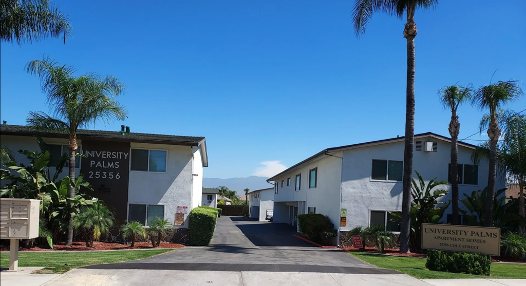 Outside building at University Palms Apartment Homes in Loma Linda.