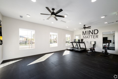 A spacious room with a ceiling fan and exercise equipment.