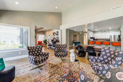 A living room with a patterned chair and a rug.