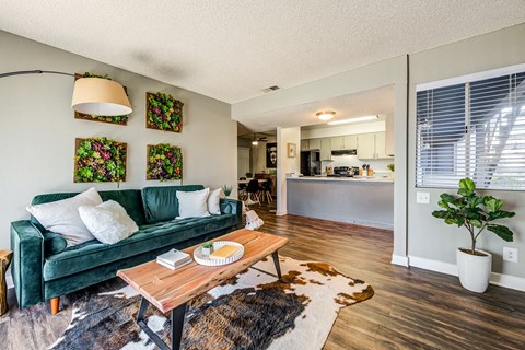 A living room with a green couch and a wooden coffee table.