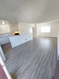 an empty living room with a kitchen in the background