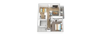 A top down view of a small apartment with a kitchen, living room, and bathroom.