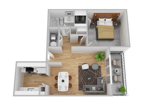 A top down view of a small apartment with a bedroom, living room, and kitchen.