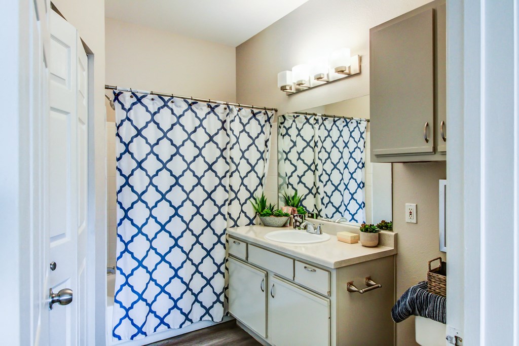 a bathroom with a sink and a shower curtain