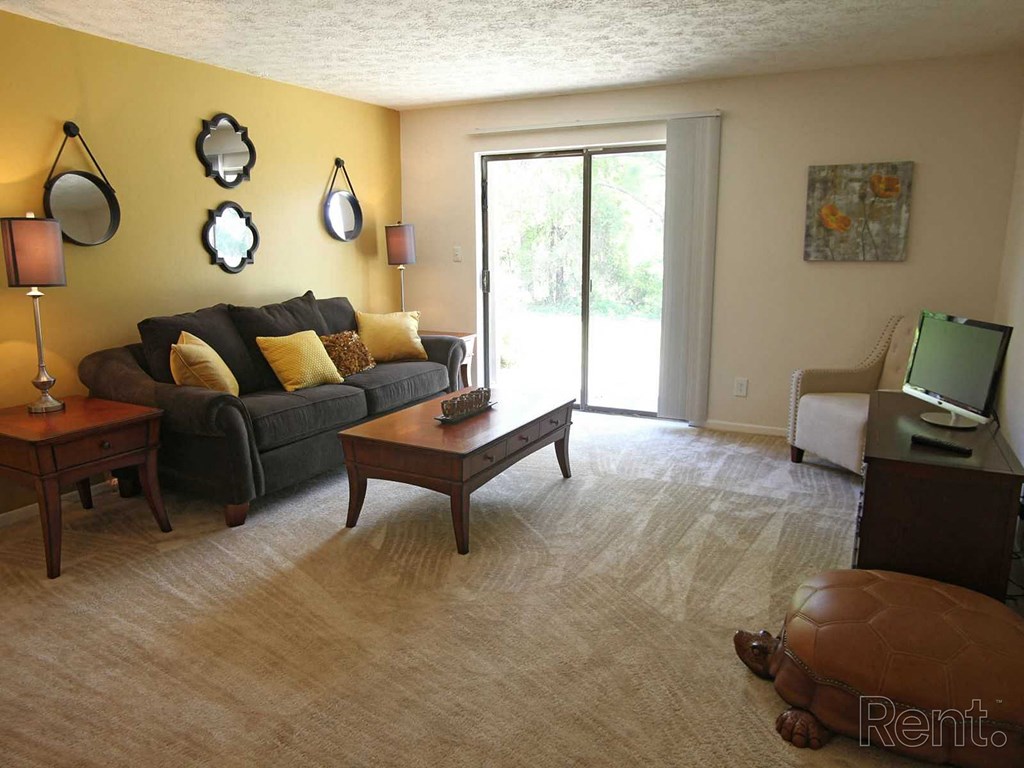 A living room with a couch, a chair, a coffee table, and a turtle.