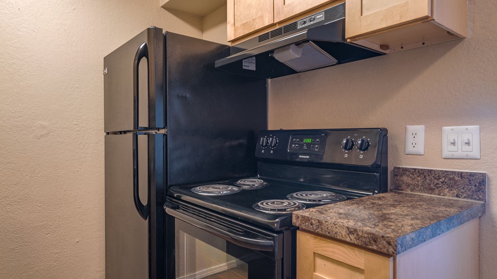 the kitchen is equipped with a stove and refrigerator