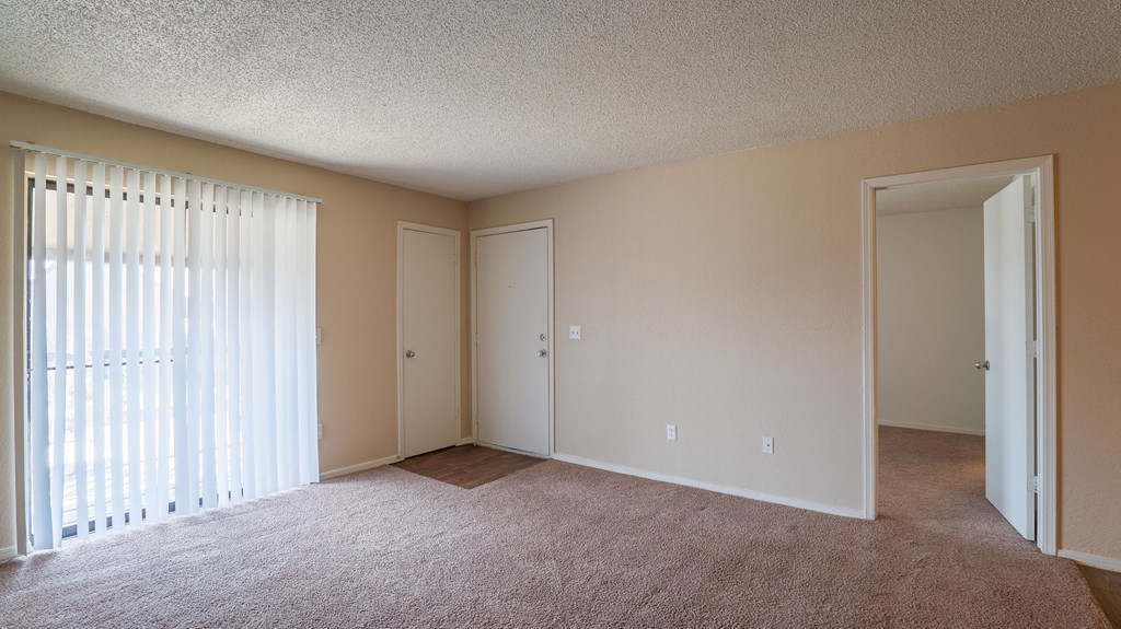 an empty living room with blinds and a door to a closet