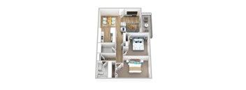 A floor plan of a house with a living room, kitchen, and two bedrooms.