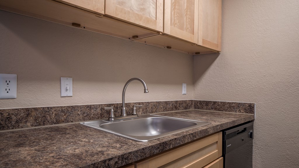 a kitchen with a sink and a faucet