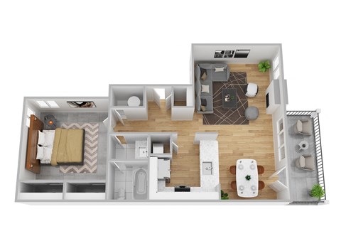 A 3D floor plan of a house with a living room, kitchen, and two bedrooms.