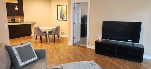 A living room with a grey couch and a black television.