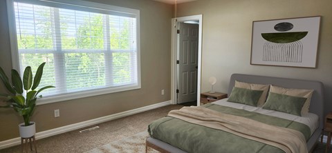 A bedroom with a bed, a plant, and a painting on the wall.