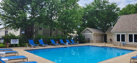 A pool surrounded by trees and chairs.