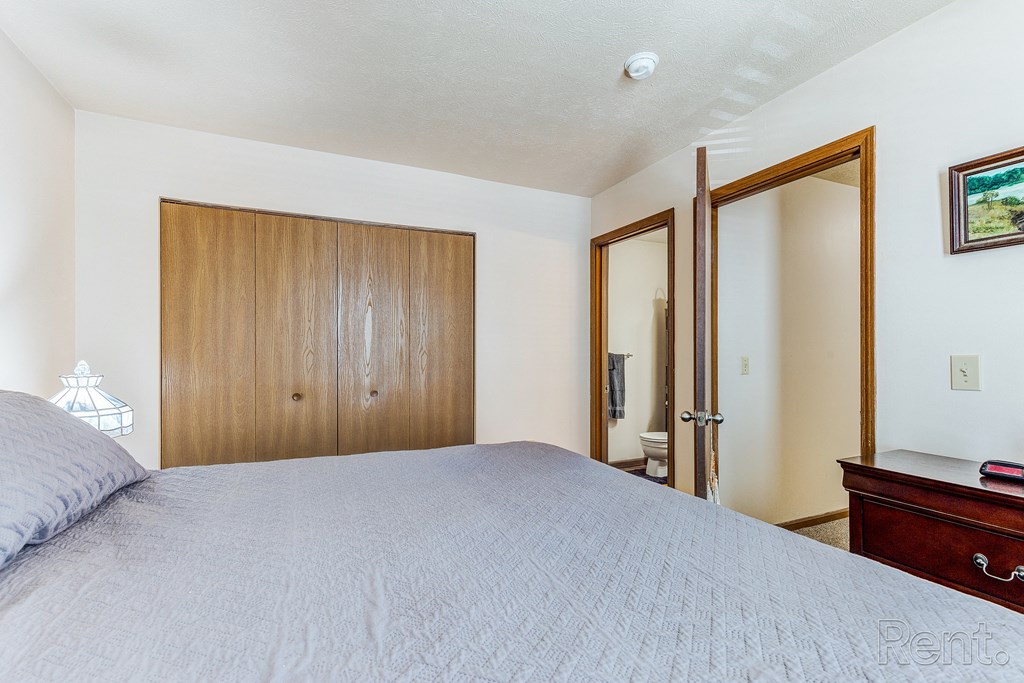 a bedroom with a large bed and a closet and a door to a bathroom