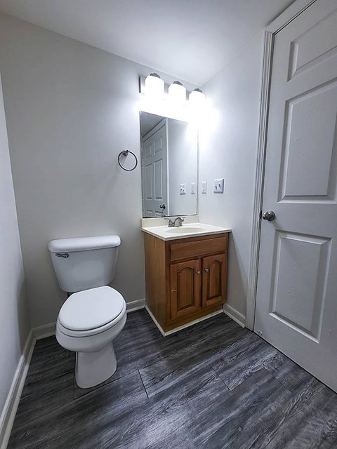 A bathroom with a toilet, sink and mirror.