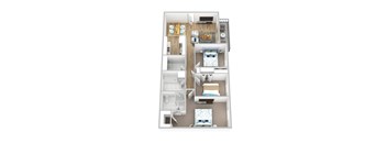 A floor plan of a small apartment with a kitchen, living room, and bedroom.