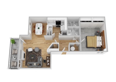 A top-down view of a house layout with a living room, kitchen, and bedrooms.