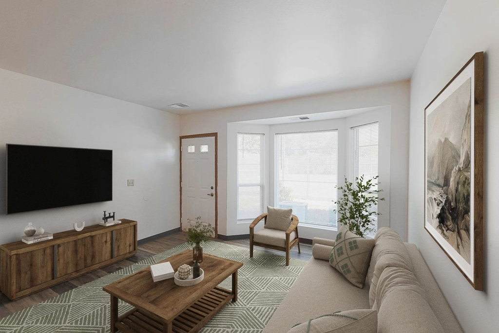 A living room with a couch, a coffee table, and a television.