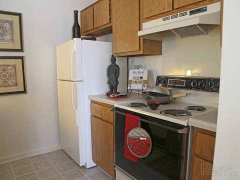a kitchen with a stove and a refrigerator