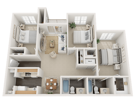 vs5 3D 3 Bed/2 Bath 1097 sq ft Floor Plan