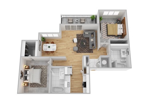 A 3D floor plan of a house with a kitchen, living room, dining room, and bedrooms.