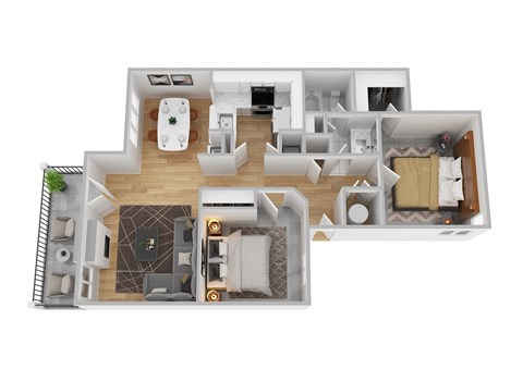 A 3D floor plan of a house with a kitchen, living room, and bedrooms.