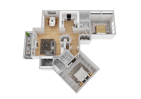 A 3D floor plan of a house with a kitchen, living room, and two bedrooms.