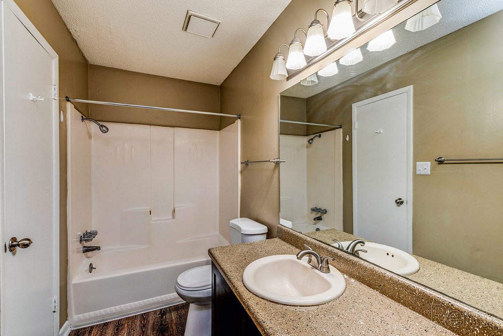 a bathroom with a sink and a shower and a mirror