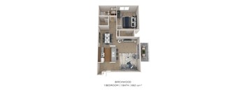 a floor plan of 1 bedroom with 1 bath