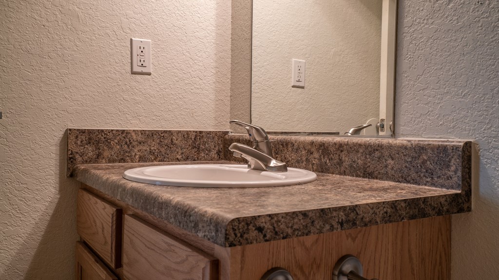 a bathroom with a sink and a mirror