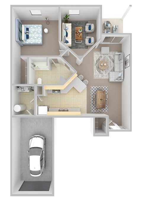 A 3D floor plan of a house with a car parked in the garage.