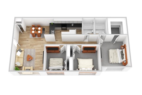 a 3d floor plan of a bedroom with a living room
