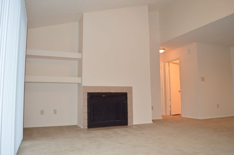 a living room with a fireplace and white walls