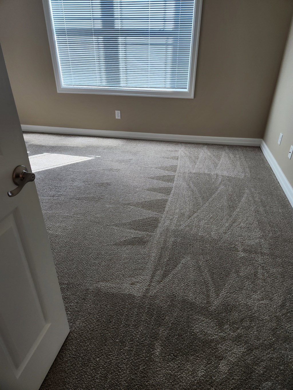 a carpeted room with a large window and a door