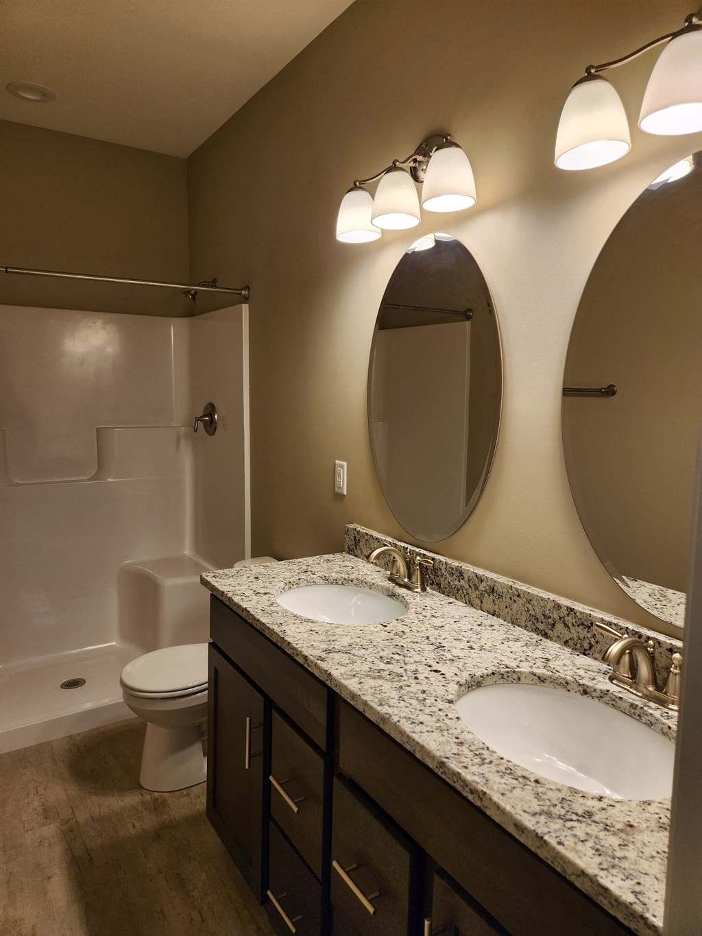 a bathroom with two sinks and a shower and a toilet