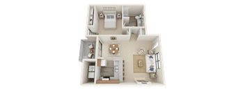 Huntington Pointe A1 3D Floor Plan 662 square feet 1 bed 1 bath