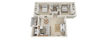 Huntington Pointe B1 Floor Plan 826 sq feet 2 bed 1 bath