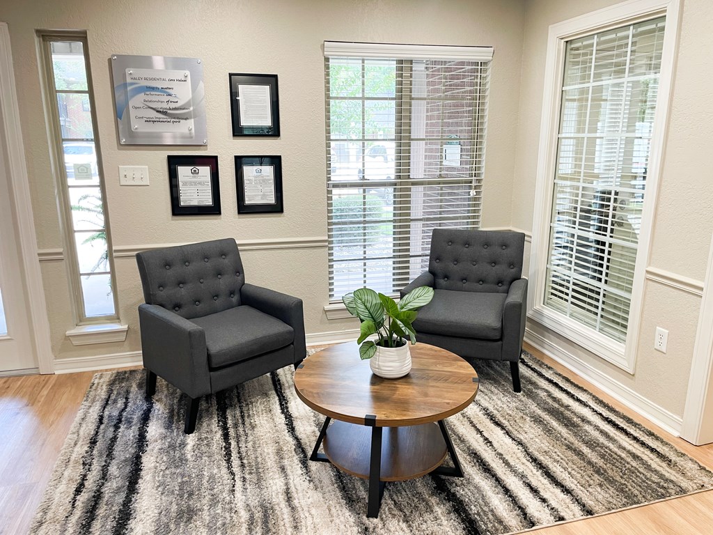 A living room with two grey chairs, a coffee table, and a rug.