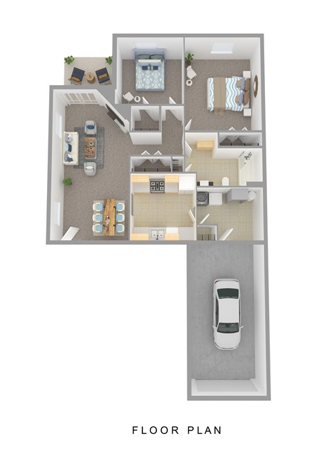 A floor plan of a house with a car parked in the garage.